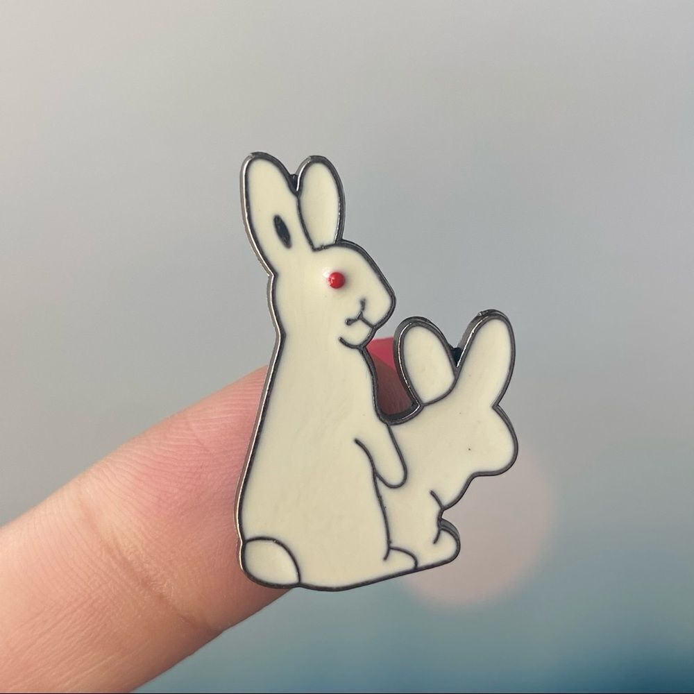 2 Evil White Bunnies Enamel Pin/ Brooch Lapel